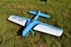 Blue and white control line stunt model